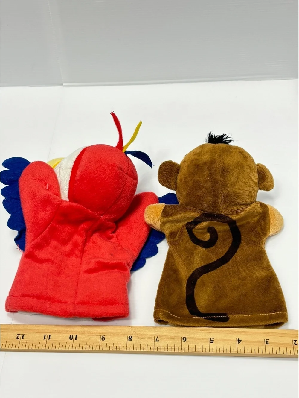 Set of 2 Plush Animal Hand Puppets - Parrot and Monkey - Soft Fabric, Colourful